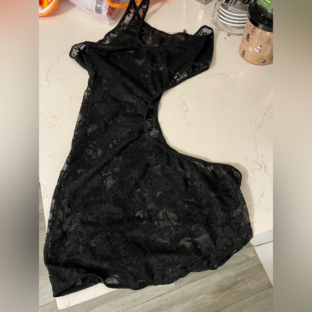 Escante black floral Lace cut out side one shoulder lingerie open bottom OSFM